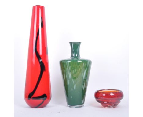 An assortment of retro vintage mid 20th century coloured studio art glass items. The lot to include a circa 1970s red &amp; b
