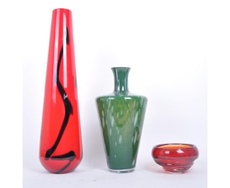 An assortment of retro vintage mid 20th century coloured studio art glass items. The lot to include a circa 1970s red &amp; b