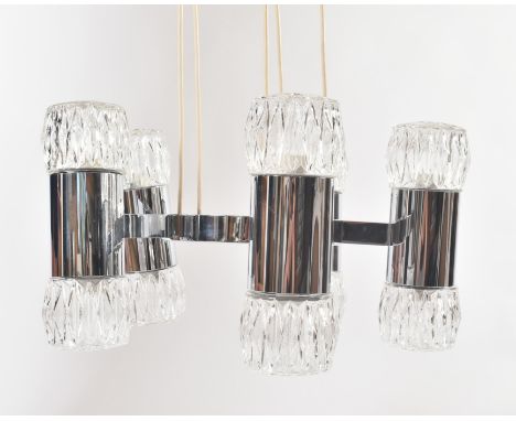 A retro 20th century continental believed Italian five arms chrome &amp; glass ceiling light. The light a central circular pl