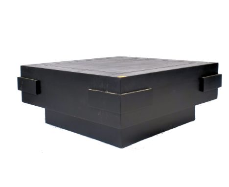 A contemporary British Modern Design black painted wooden coffee occasional low table. The table of squared shape with recess