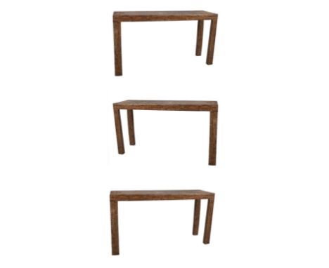 A set of three contemporary British Modern Design bamboo rattan wicker console hall tables. Each table having a straight top 