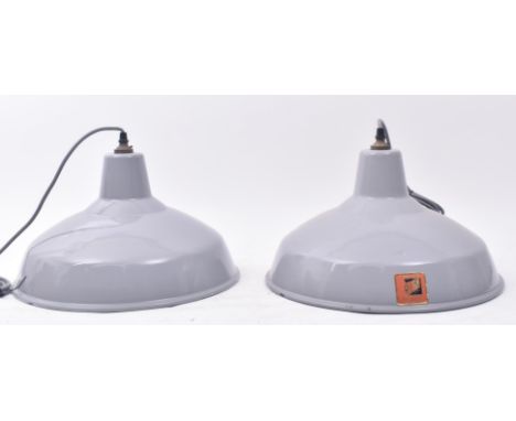 Benjamin RLM Crysteel - a matching pair of vintage mid 20th century industrial / factory grey enamel pendant light shades eac