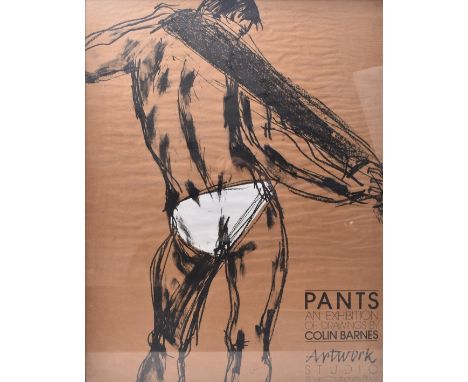 A vintage late 20th century circa 1980s framed and glazed poster - Exhibitions of Drawings by Colin Barnes 'Pants' at Artwork