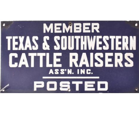 A vintage mid 20th century American advertising point of sale shop enamel sign. The sign on blue ground with white notation r