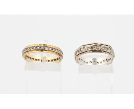 Two colourless stone full eternity rings, one stamped 9ct, the other indistinctly stamped, both ring size P.