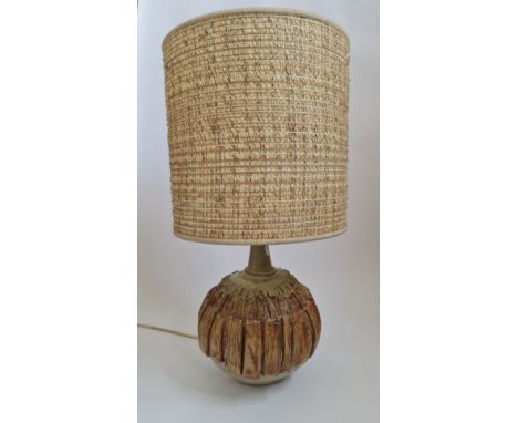 A Bernard Rooke studio pottery table lamp and shade in light and dark brown