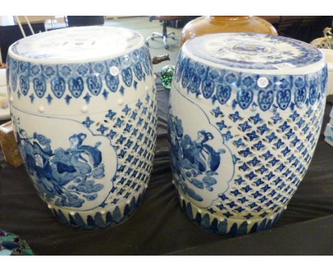 JAPANESE GARDEN STOOLS. Pair of Japanese blue and white ceramic garden stools