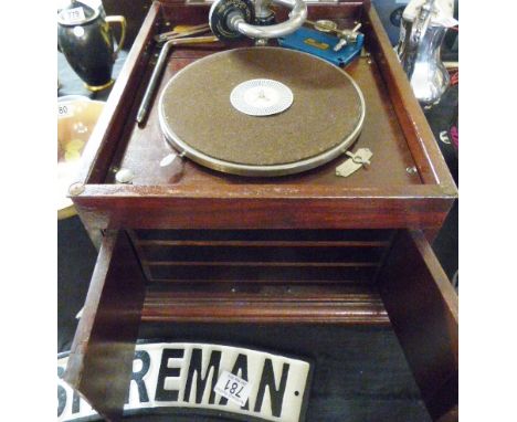 HMV GRAMOPHONE. Vintage His Masters Voice oak cased gramophone with sound box to front 
