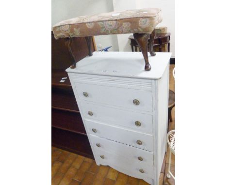 DRAWERS & STOOL. Chest of five drawers with hidden lid and interior mirror, 106 x 64cm and upholstered stool in floral fabric