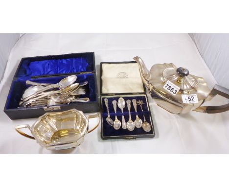 SILVER PLATED ITEMS. Silver plated tea pot, sugar bowl, quality flatware and spoons