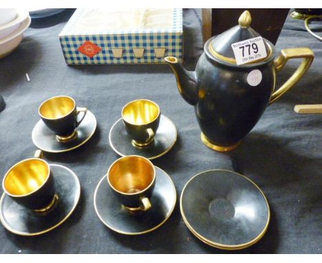 CARLTON WARE COFFEE SET. Carltonware eleven piece black and gilt coffee set