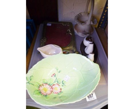 MIXED CERAMICS. Tray of mixed ceramics and glass including Carltonware, hand painted glass vase and an antique picture frame