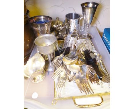 MIXED SILVERPLATE. Tray of mixed silver plated items including flatware
