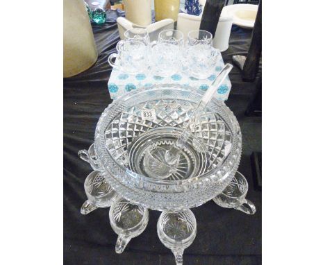 WATERFORD PUNCH BOWL. Large Waterford crystal punch bowl with twelve Bohemia crystal cups and ladle