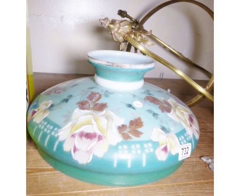 ART NOUVEAU LIGHT FITTING. Brass Art Nouveau ceiling fitting with hand painted milk glass shade