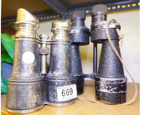 VINTAGE BINOCULARS. Two pairs of vintage binoculars, one with fitted compass