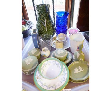 CERAMICS AND GLASSWARE. Tray of mixed ceramics and glassware including Royal Worcester cup and saucer and Bristol Blue toby j
