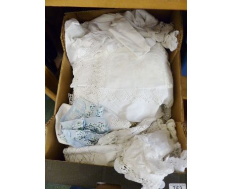LINEN & LACE. Box of assorted vintage linen and lace