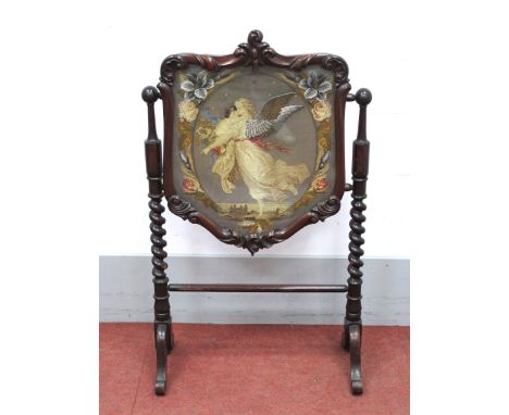 A XIX Century Mahogany Framed Wool and Beadwork Tapestry, depicting a winged girl, and mounted on a mahogany towel rail. 1511