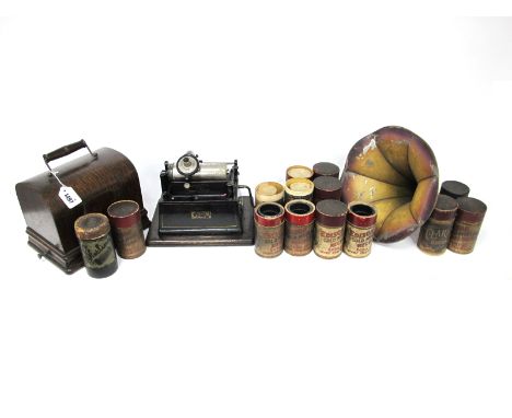 An Edison Gem Phonograph, with black and silvered label numbered 206687, chromed cylinder, winding crank and horn, on a woode