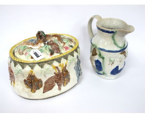A Late XIX Century Majolica Pottery Game Pie Dish and Cover, with inner liner (damaged), of oval form moulded and painted wit