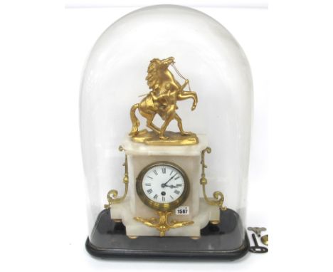 A Late XIX Century French Mantle Clock, the white marble case applied with gilt ormolu handles, scrollwork and classical figu