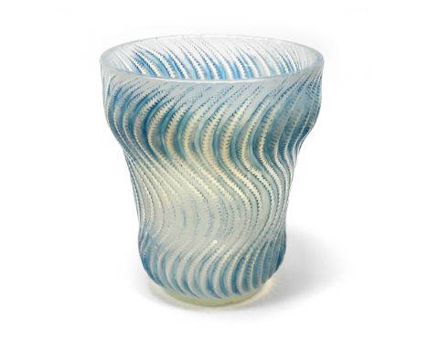 A Lalique Opalescent Glass Vase, in the 'Actinia' design No 10-889, with swirling serrated bands, etched mark R. Lalique, Fra
