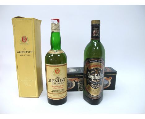 Whisky - The Glenlivet 12 Years Old, unblended all malt Scotch whisky, 75cl., 40% Vol., boxed; Glenfiddich Pure Malt Special 