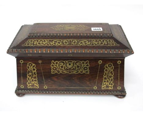 A Mid XIX Century Rosewood Tea Caddy, of sarcophagus shape with brass inlay, the interior with two lidded compartments and la