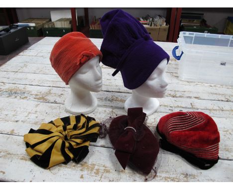 A c.1950's Vintage Christian Dior Tangerine Velvet Cloche Style Hat, with top stitch detail; three further vintage hats by Mi