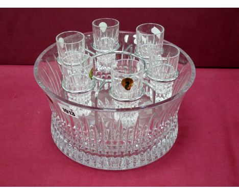 A Waterford Crystal 'Lismore' Pattern Vodka Shot Set, comprising six shot glasses contained in a circular bowl, etched mark a