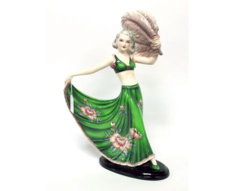 A Joseph Lorenzl (Austrian 1892-1950) for Goldscheider Art Deco Porcelain Figure of a Dancer, wearing a green skirt decorated