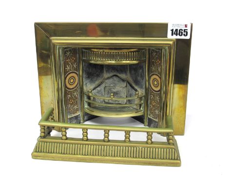 A Late XIX Century Brass Miniature Fireplace, of rectangular form with inset pottery panels and fire grate and a matching fen