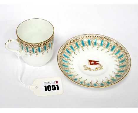 A White Star Line Porcelain Coffee Cup and Saucer, with turquoise enamel and brown borders, registration numbers to bases (cr