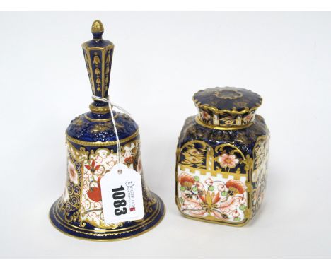 A Royal Crown Derby Porcelain Bell, decorated in Imari pattern 2451, date code for 1898, 17cm high; A Royal Crown Derby Imari