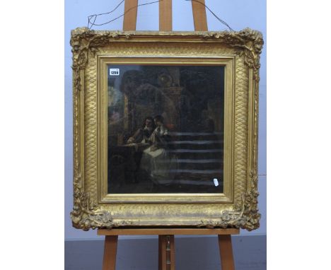 XIX CENTURY CONTINENTAL SCHOOL Dutch Interior Scene, with figures, oil on panel, signed indistinctly lower left, 43 x 39cm.