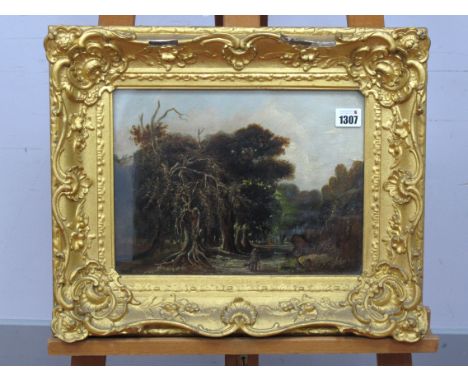 ENGLISH SCHOOL (XIX Century) Figure and a Dog Walking on a Path, in a wooded landscape, oil on panel, unsigned, 22.5 x 30cm.