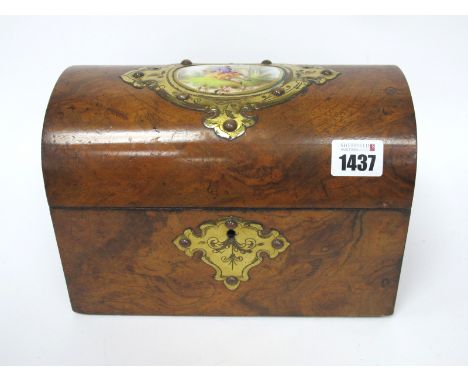 A Mid XIX Century Walnut Tea Caddy, of domed rectangular form, the lid with inset porcelain panel decorated with a young gent