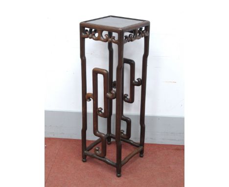 A XIX Century Chinese Hardwood Jardiniére Stand, with a square top, 'C' scroll frieze and shaped supports and rails, 102cm hi