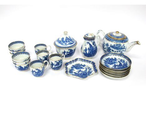 A Part Matched Caughley and Worcester Porcelain Tea Service, decorated in blue with the Fisherman and Pagodas patterns within