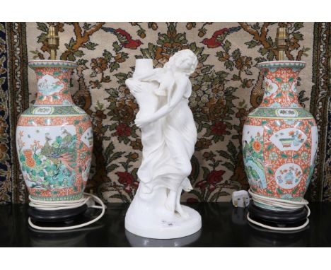 A pair of 20th century ceramic Chinese famille verte style table lamps and a ceramic figural table lamp base (3) Condition Re