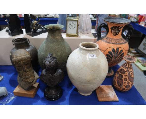 Three antique style pottery vases including a Chinese Tang style example, two metal vases, a tile and two busts Condition Rep