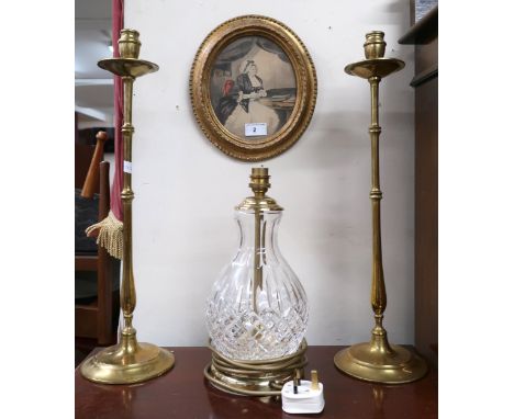 A lot consisting pair of brass candle sticks, 50cm high, cut glass based table lamp and a gilt framed portrait of a lady (4) 