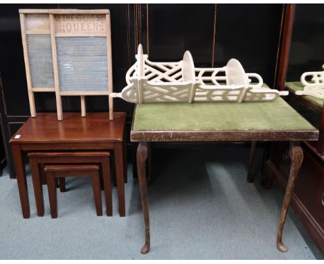 A lot comprising Victorian folding card table, three tier wall shelf, nest of three tables and two glass wash boards (5) Cond