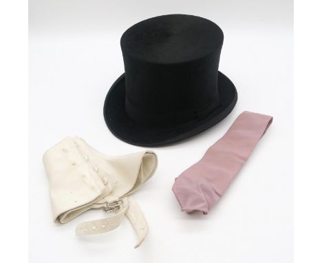 An Extra Quality London top hat (19.5cm x 16cm) together with spatterdash gaiters and a silk tie Condition Report:Available u