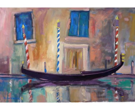 GORDON COCKBURN (SCOTTISH 1944-2022) WINTER TIE UP VENICE Oil on canvas, signed lower left, 59 x 82cm Titled and signed verso