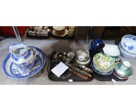 A Valerie Shelton painted bowl, a Holmegaard glass dish, a blue and white wash bowl and ewer, platters etc Condition Report:N