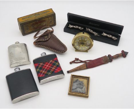 A tribal dagger, various hip flasks, chop stick holders etc Condition Report:Available upon request