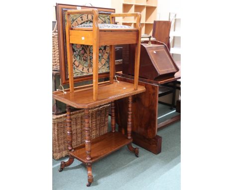 A lot comprising oak two tier occasional table, piano stool, tapestry fire screen and coal depot (4) Condition Report:Availab