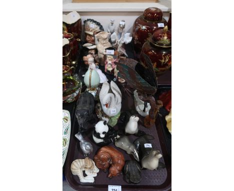 Assorted animal figures including Lomonosov, Beswick fox, Royal Doulton character jugs, a Nao figure of a ballerina and other